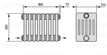 Схема (чертеж) Радиатор Zehnder Charleston 6026/8 №2670 Белый глянцевый RAL 9016